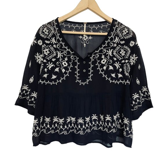 Free People Sheer Fairy Pennies Sequel Top Womens Size XS Blue Embroidered Boho - Picture 2 of 9
